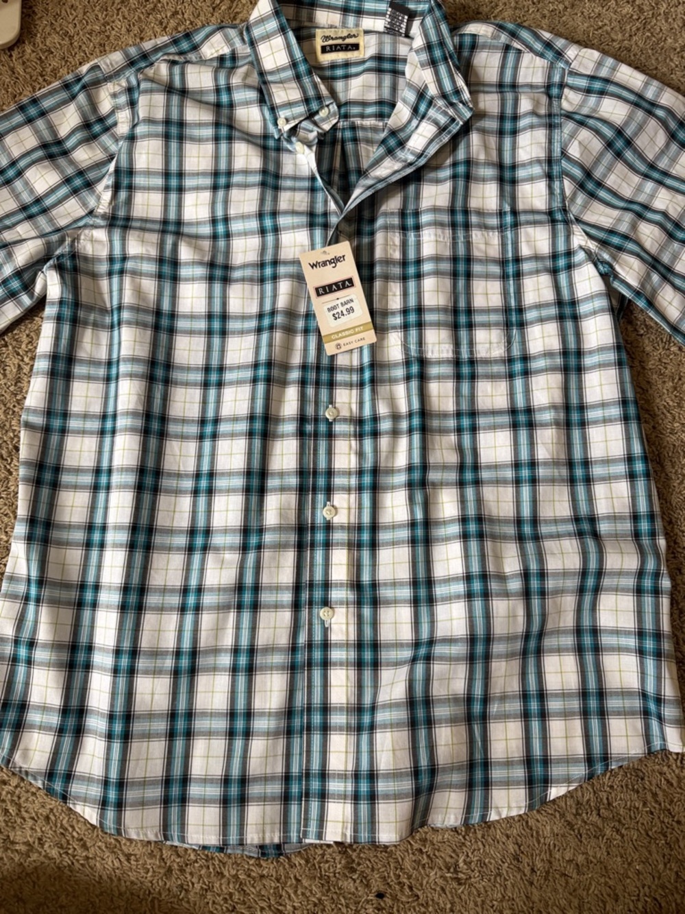 Wrangler Men’s Teal, Black and White Plaid Button-Down Shirt
